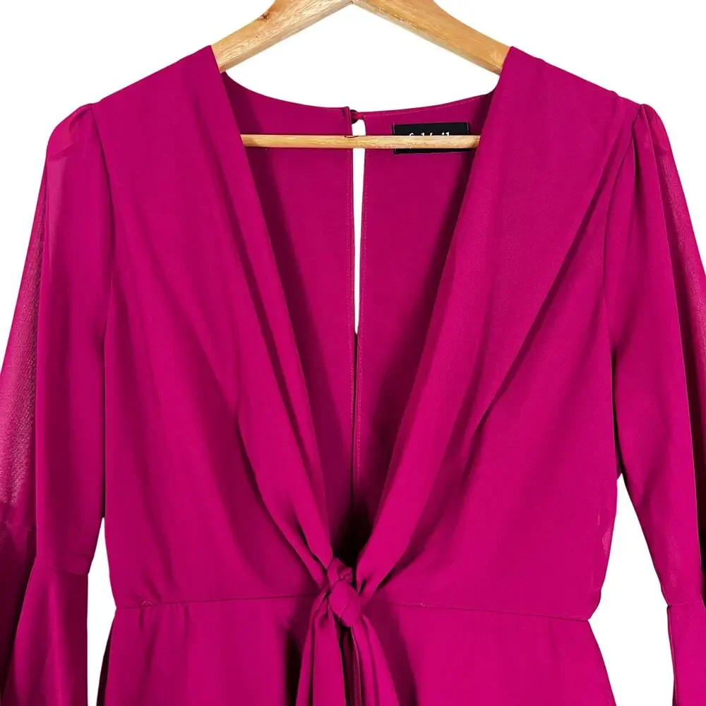 Fabrik Rompers Womens S Hot Pink Silk Long Flare Sleeve Keyhole Boho Date Night - Picture 2 of 6